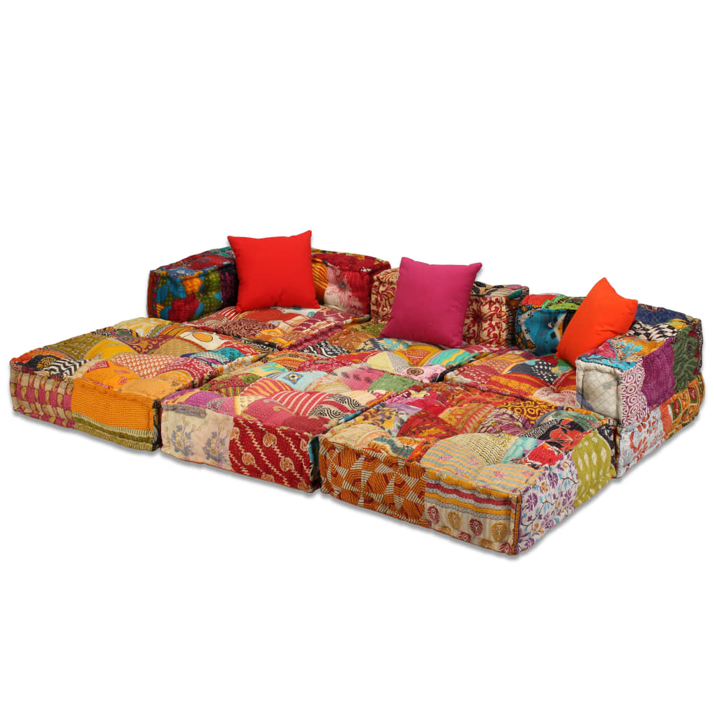 Poef Driezits Modulair Stof 1 Patchwork Driezitsbank met rugleuning en armleuning