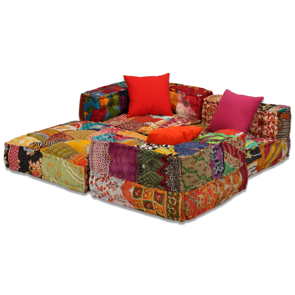 Poef Driezits Modulair Stof 1 Patchwork Driezitsbank met rugleuning en armleuning