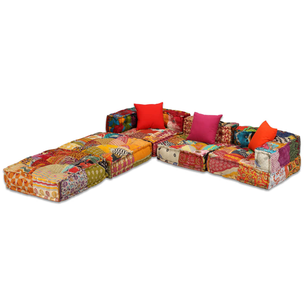 Poef Driezits Modulair Stof 1 Patchwork Driezitsbank met rugleuning en armleuning