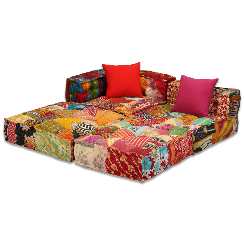 Poef Driezits Modulair Stof 1 Patchwork Driezitsbank met rugleuning en armleuning