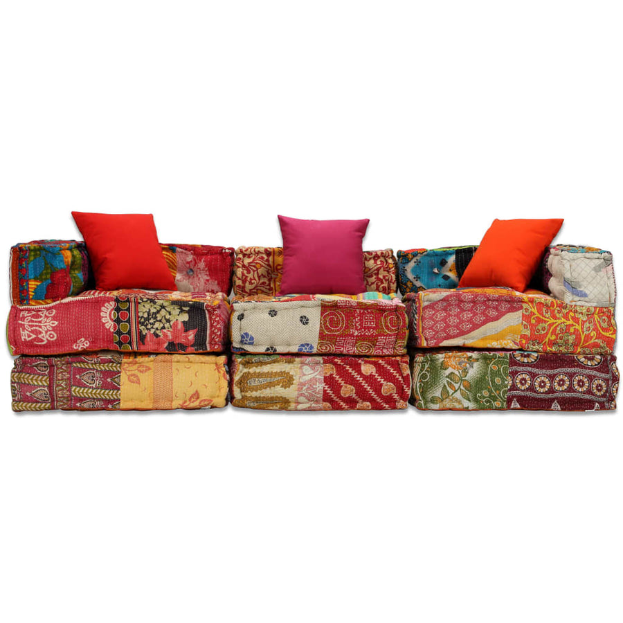 Poef Driezits Modulair Stof 1 Patchwork Driezitsbank met rugleuning en armleuning