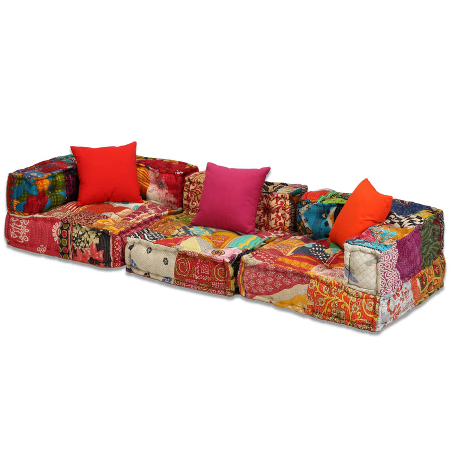 Poef Driezits Modulair Stof 1 Patchwork Driezitsbank met rugleuning en armleuning
