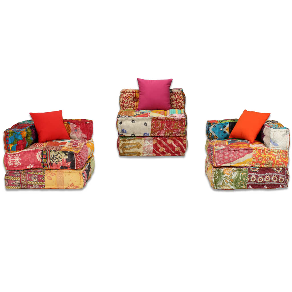 Poef Driezits Modulair Stof 1 Patchwork Driezitsbank met rugleuning en armleuning