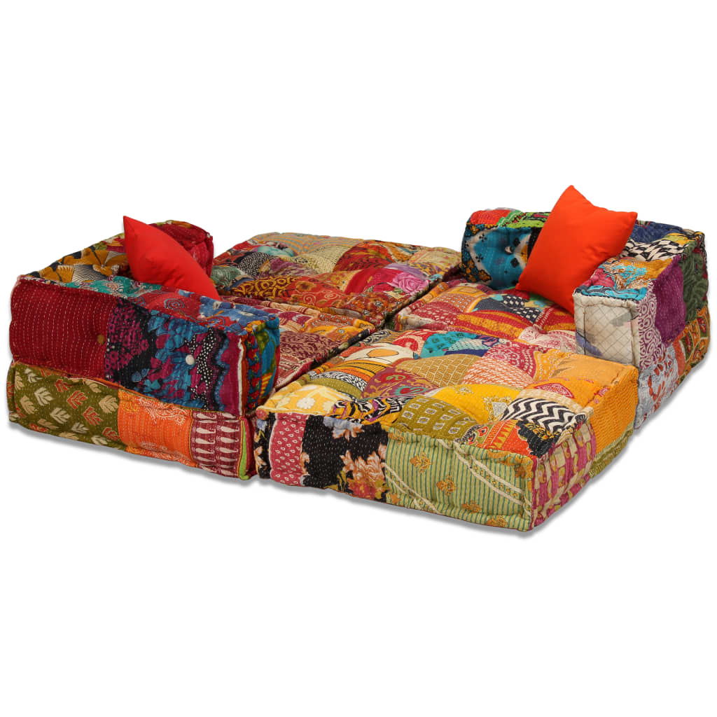 Poef Driezits Modulair Stof 1 Patchwork Driezitsbank met rugleuning en armleuning