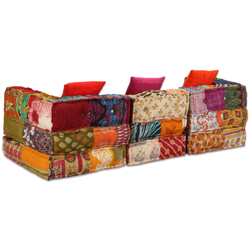 Poef Driezits Modulair Stof 1 Patchwork Driezitsbank met rugleuning en armleuning