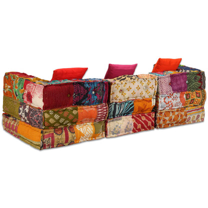 Poef Driezits Modulair Stof 1 Patchwork Driezitsbank met rugleuning en armleuning