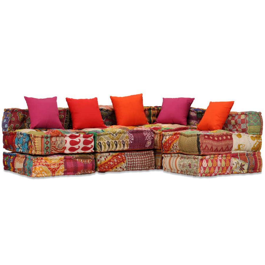Poef Vierzits Modulair Stof Patchwork 1 Vierzitshoekbank met rugleuning