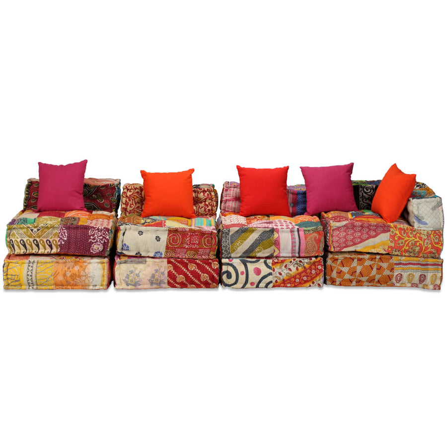 Poef Vierzits Modulair Stof Patchwork 1 Vierzitshoekbank met rugleuning