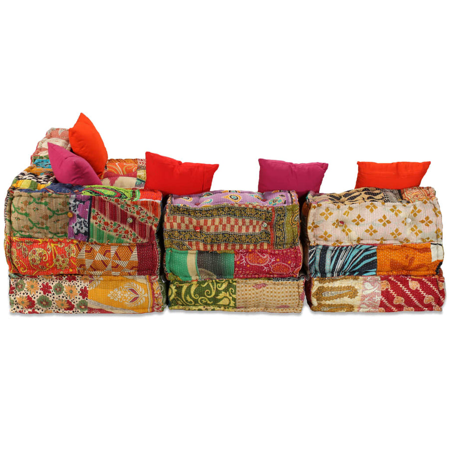 Poef Vierzits Modulair Stof Patchwork 1 Vierzitshoekbank met rugleuning