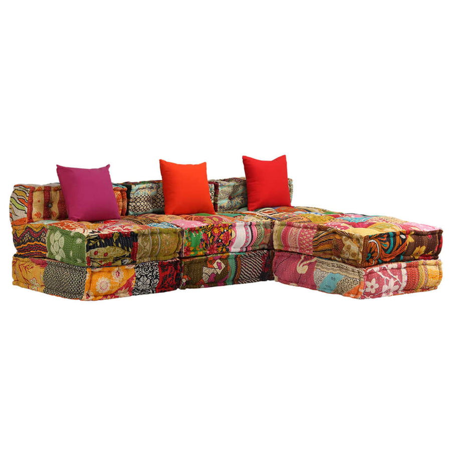 Poef Driezits Modulair Stof Patchwork 1 Driezitsbank met rugleuning en voetensteun