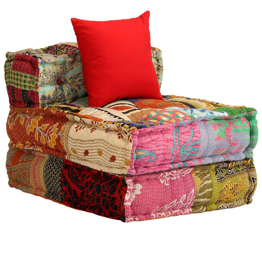 Poef Driezits Modulair Stof Patchwork 1 Driezitsbank met rugleuning en voetensteun