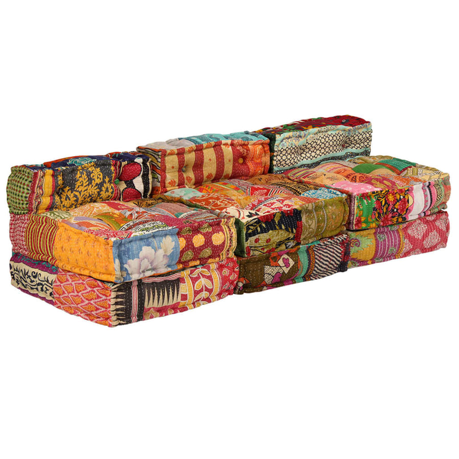 Poef Driezits Modulair Stof Patchwork 1 Driezitsbank met rugleuning en voetensteun
