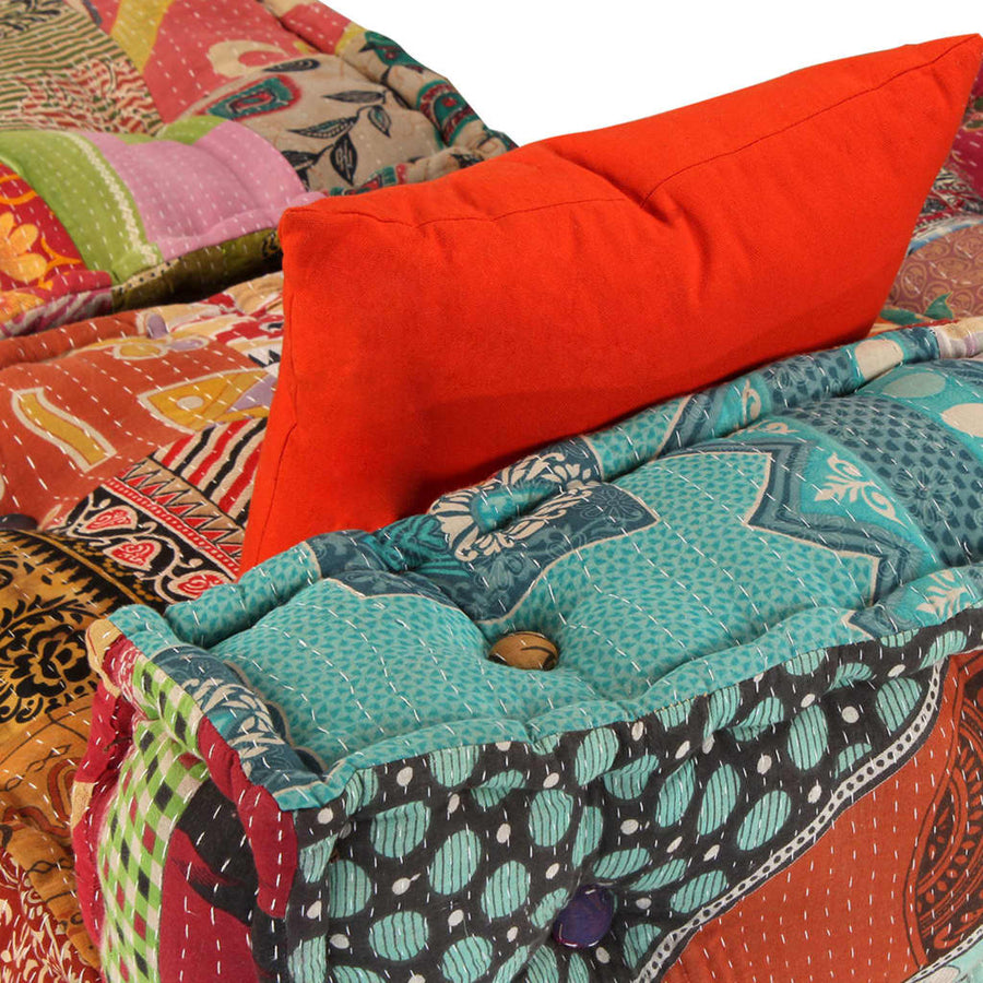 Poef Driezits Modulair Stof Patchwork 1 Driezitsbank met rugleuning en voetensteun