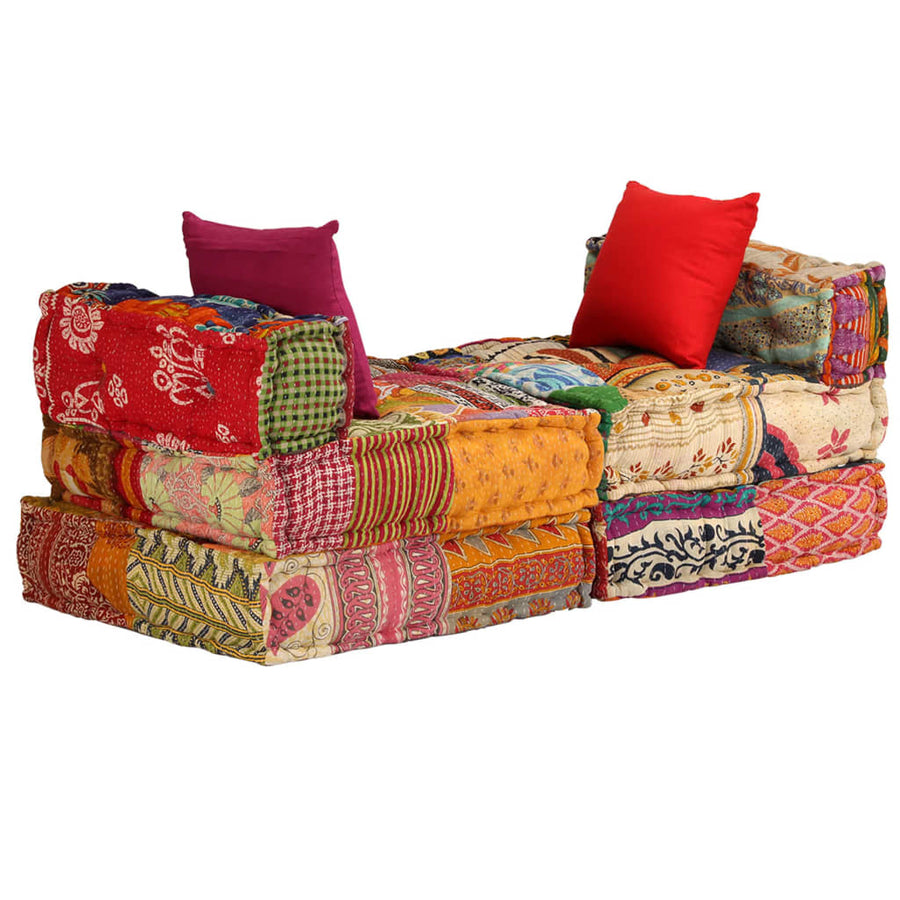 Poef Driezits Modulair Stof Patchwork 1 Driezitsbank met rugleuning en voetensteun