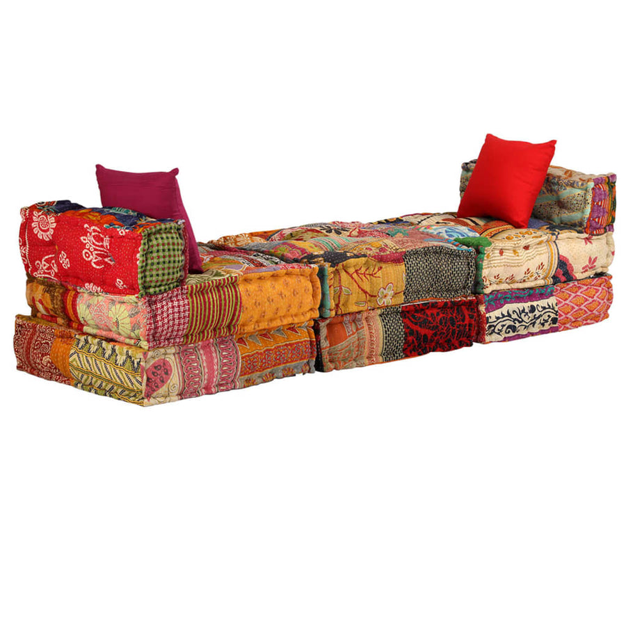 Poef Driezits Modulair Stof Patchwork 1 Driezitsbank met rugleuning en voetensteun