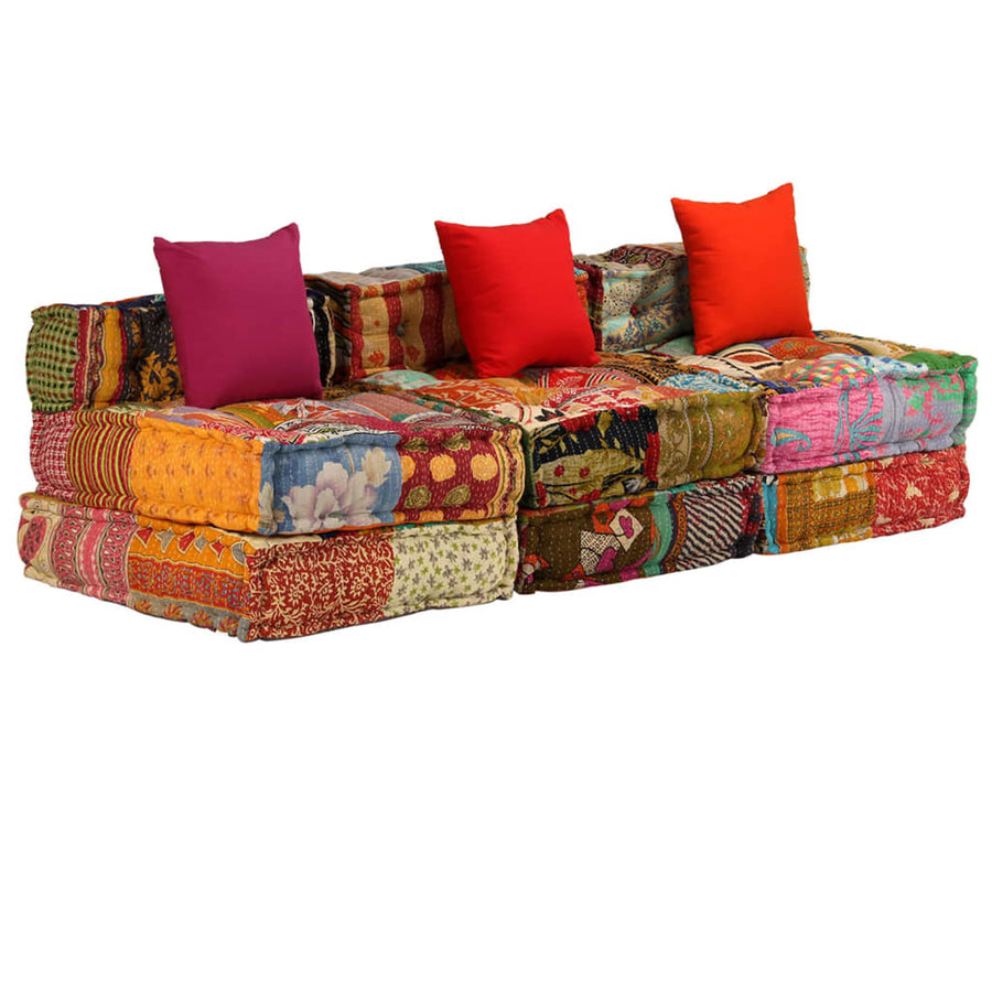 Poef Driezits Modulair Stof Patchwork 1 Driezitsbank met rugleuning en voetensteun