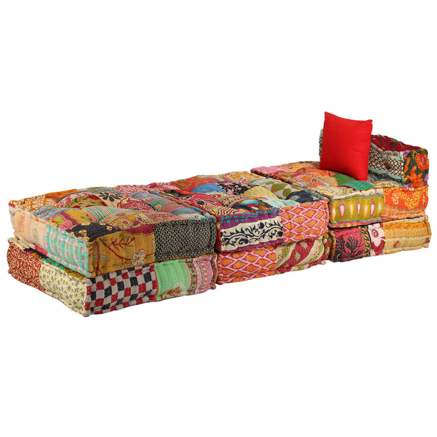 Poef Driezits Modulair Stof Patchwork 1 Driezitsbank met rugleuning en voetensteun