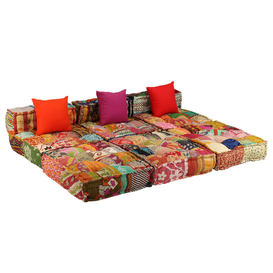 Poef Driezits Modulair Stof Patchwork 1 Driezitsbank met rugleuning en voetensteun