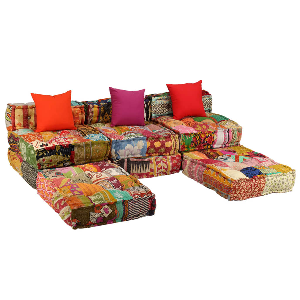 Poef Driezits Modulair Stof Patchwork 1 Driezitsbank met rugleuning en voetensteun