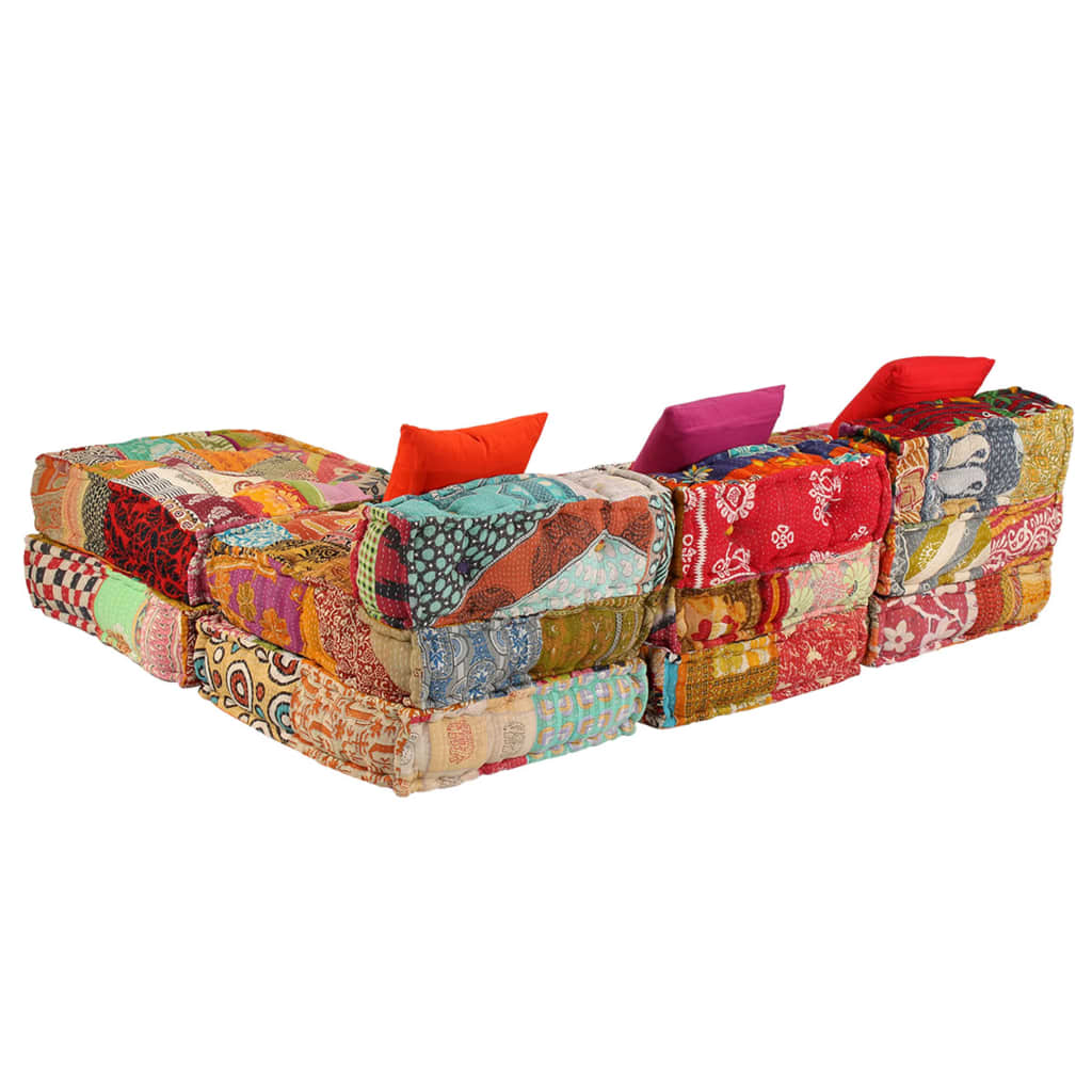 Poef Driezits Modulair Stof Patchwork 1 Driezitsbank met rugleuning en voetensteun
