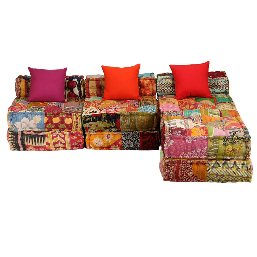 Poef Driezits Modulair Stof Patchwork 1 Driezitsbank met rugleuning en voetensteun