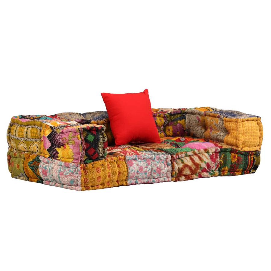 Poef Tweezits Modulair Stof Patchwork Lage tweezitsbank met rugleuning en armleuning