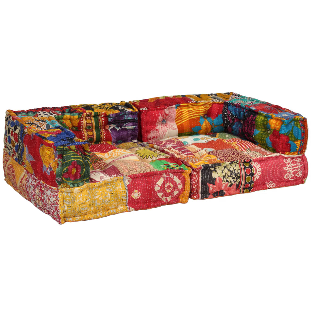 Poef Tweezits Modulair Stof Patchwork Lage tweezitsbank met rugleuning en armleuning