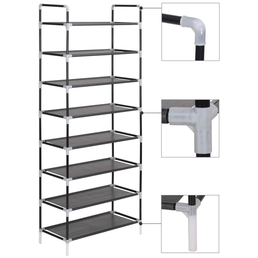 Schoenenrek met 8 schappen metaal en ongeweven stof zwart 60 x 28 x 140 cm Zwart