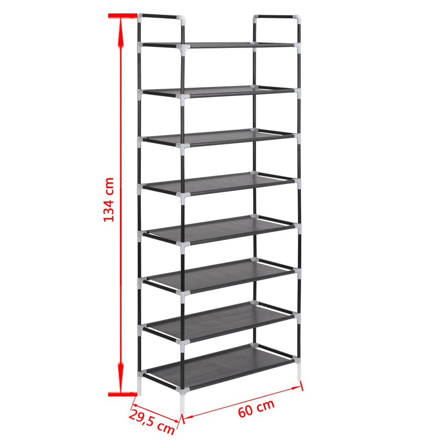 Schoenenrek met 8 schappen metaal en ongeweven stof zwart 60 x 28 x 140 cm Zwart