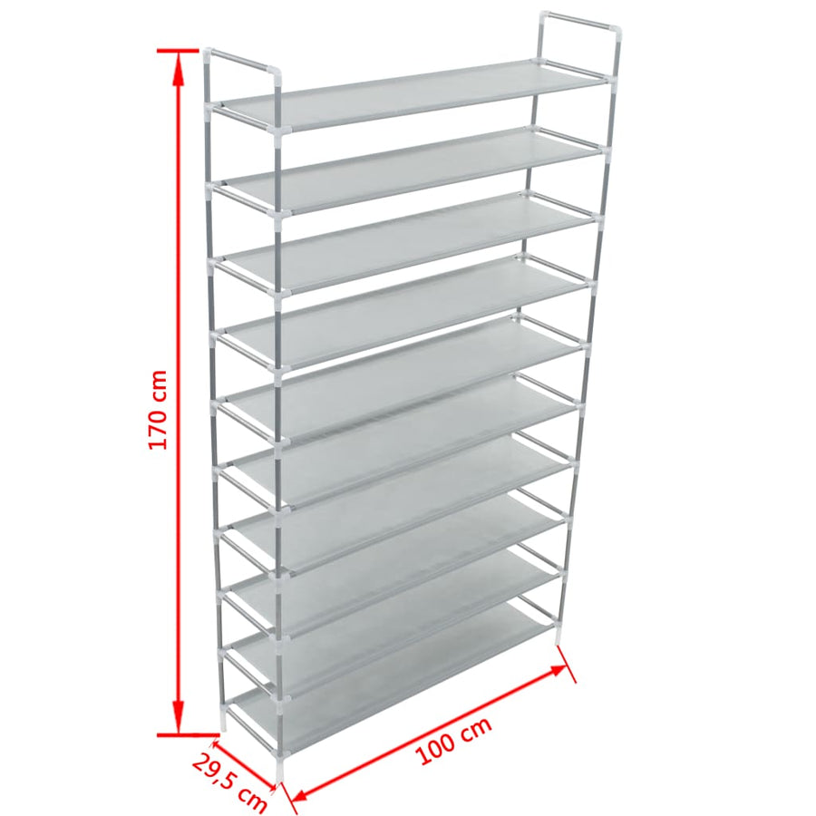 Schoenenrek met 10 schappen metaal en nonwoven stof zilverkleur 100 x 29.5 x 170 cm Zilver