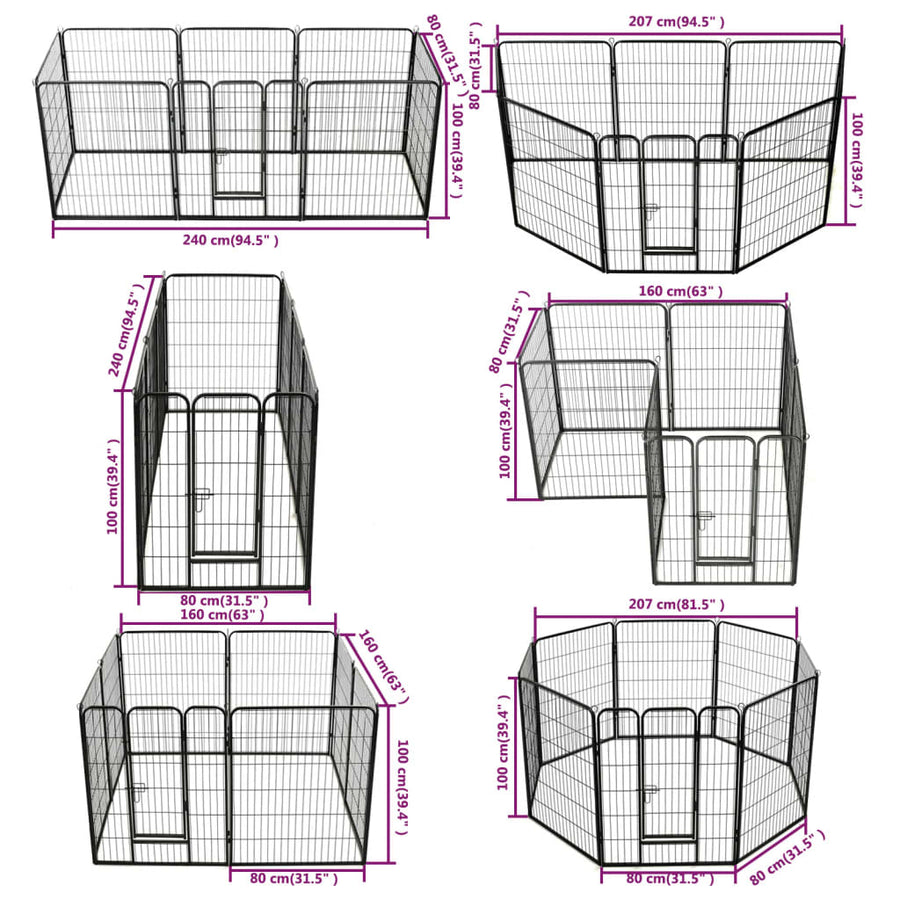 Hondenren met 8 panelen 80x100 cm staal zwart 80 x 100 cm 8 panelen