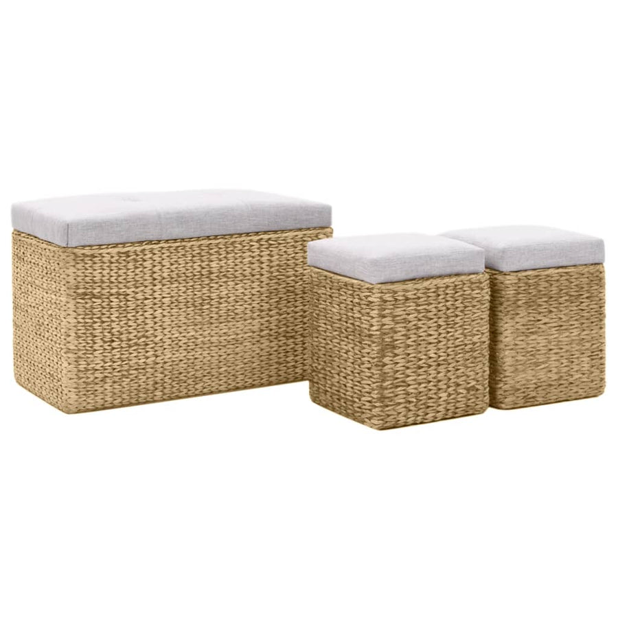 Bankje Met 2 Poefs Zeegras Grijs