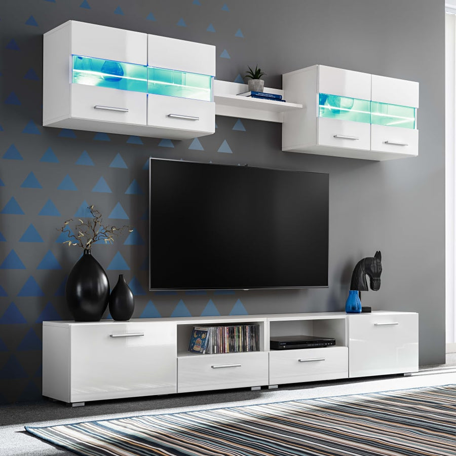 Tv-Wandmeubelset Met Led-Verlichting Hoogglans 5-Delig Wit