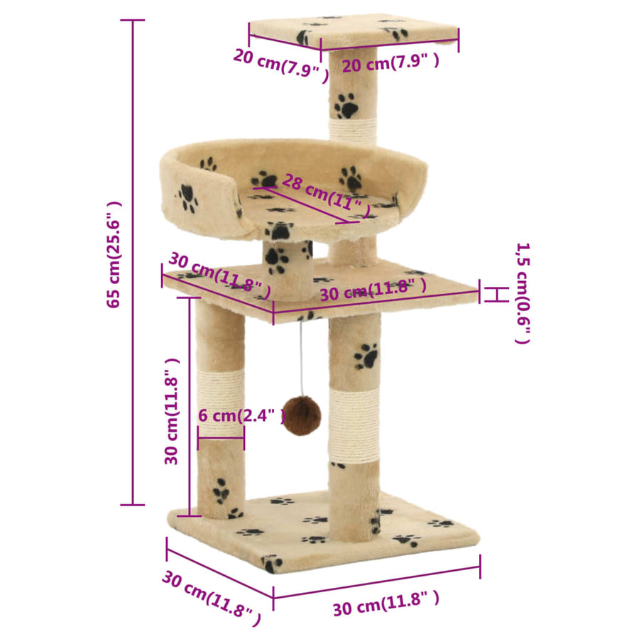 Kattenkrabpaal met sisal krabpalen 65 cm pootafdrukken beige Geel met pootafdrukken
