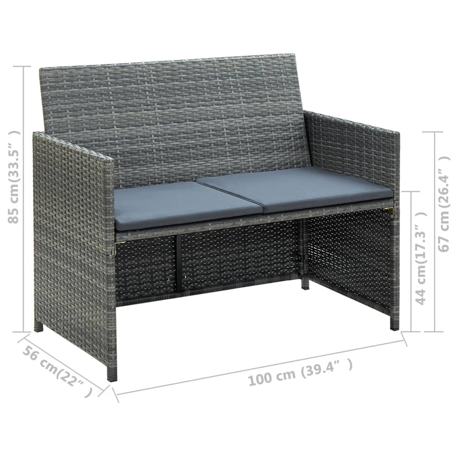 Tuinbank 2-Zits Met Kussens Poly Rattan Grijs