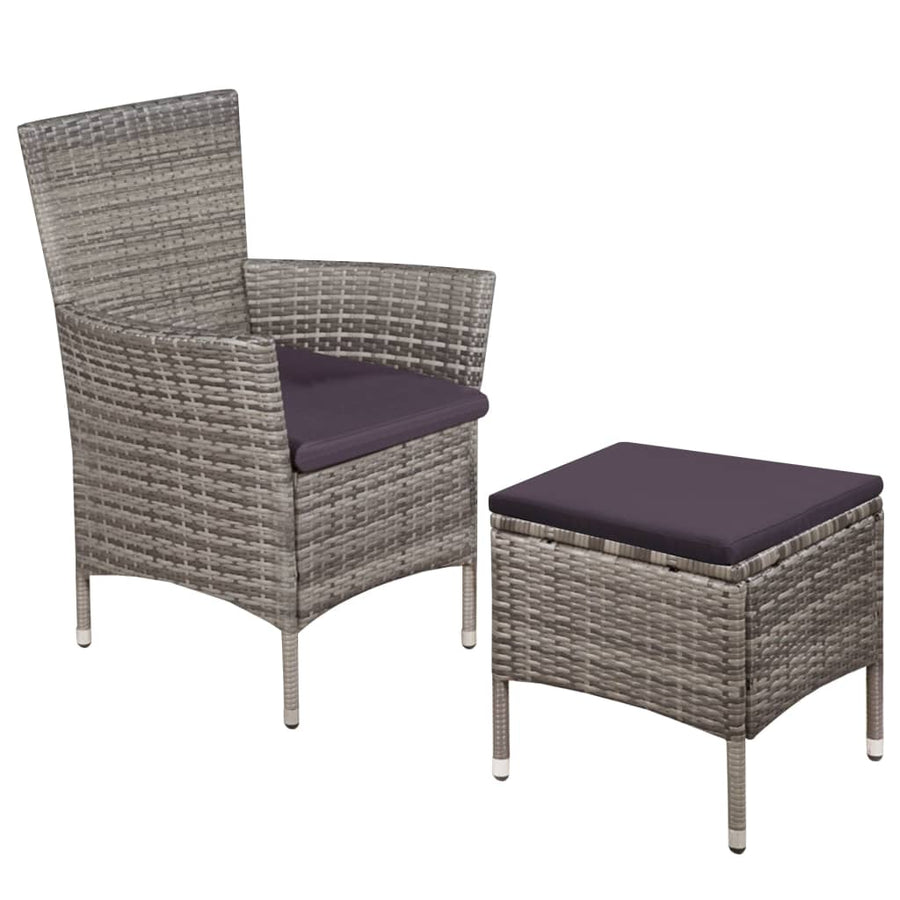 Tuinstoel en kruk met kussens poly rattan grijs