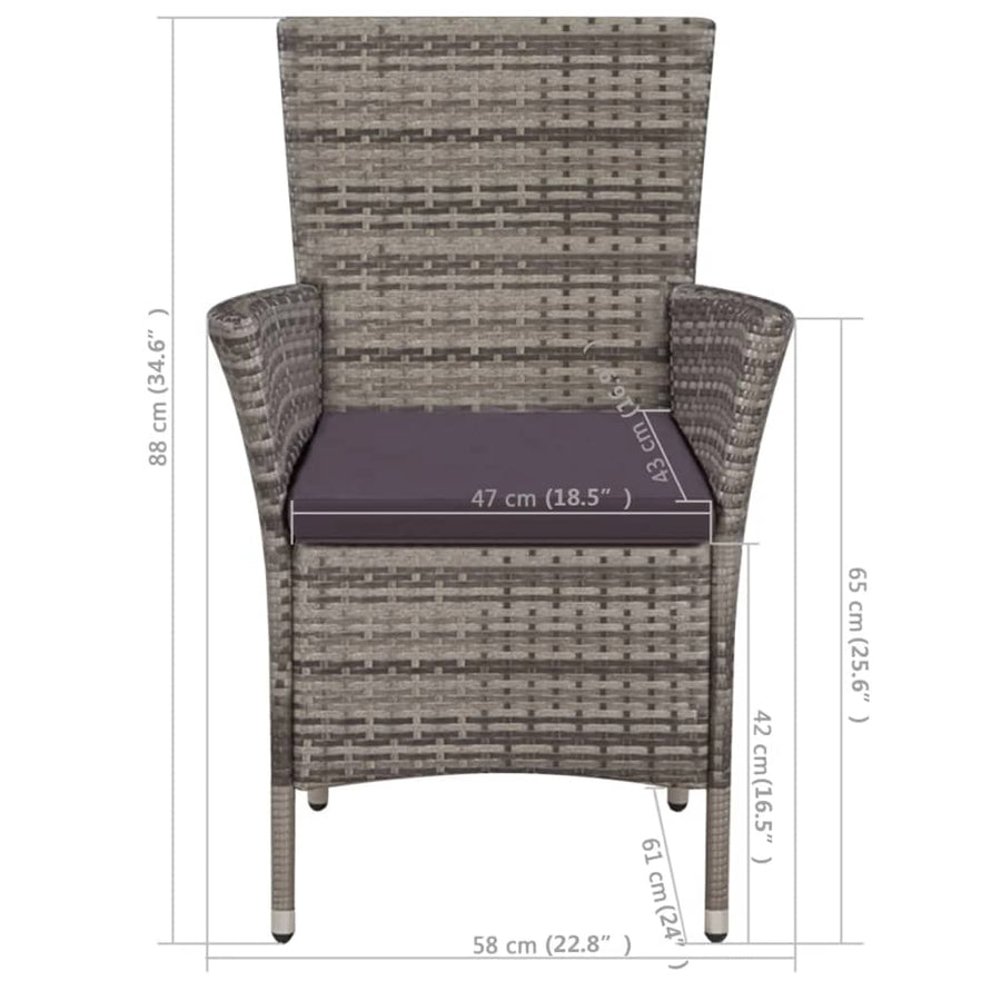 Tuinstoel en kruk met kussens poly rattan grijs