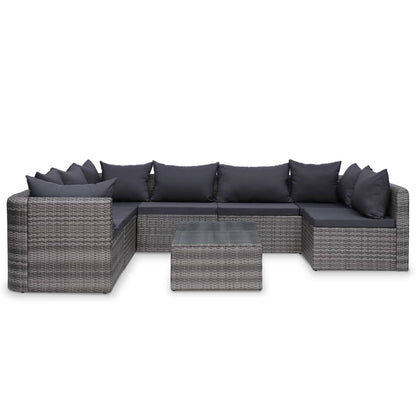 8-Delige Loungeset Met Kussens Poly Rattan Grijs 3x hoek + 4x midden + Tafel