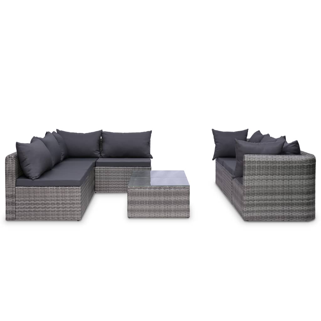 8-Delige Loungeset Met Kussens Poly Rattan Grijs 3x hoek + 4x midden + Tafel