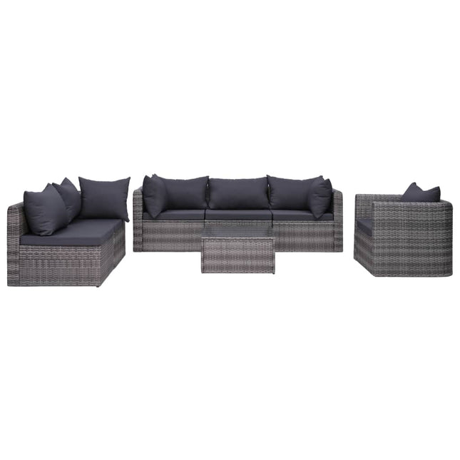 7-Delige Loungeset Met Kussens Poly Rattan Grijs 3x hoek + 2x midden + Fauteuil + Tafel