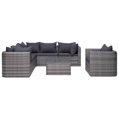 7-Delige Loungeset Met Kussens Poly Rattan Grijs 3x hoek + 2x midden + Fauteuil + Tafel