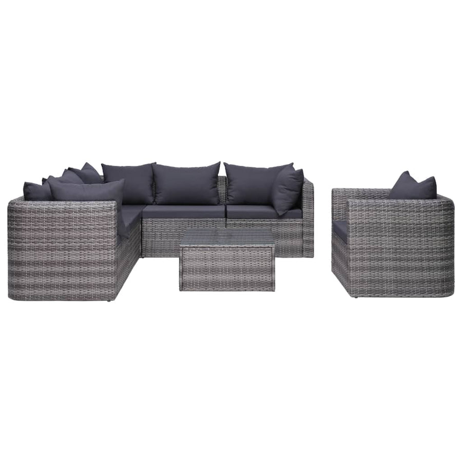 7-Delige Loungeset Met Kussens Poly Rattan Grijs 3x hoek + 2x midden + Fauteuil + Tafel