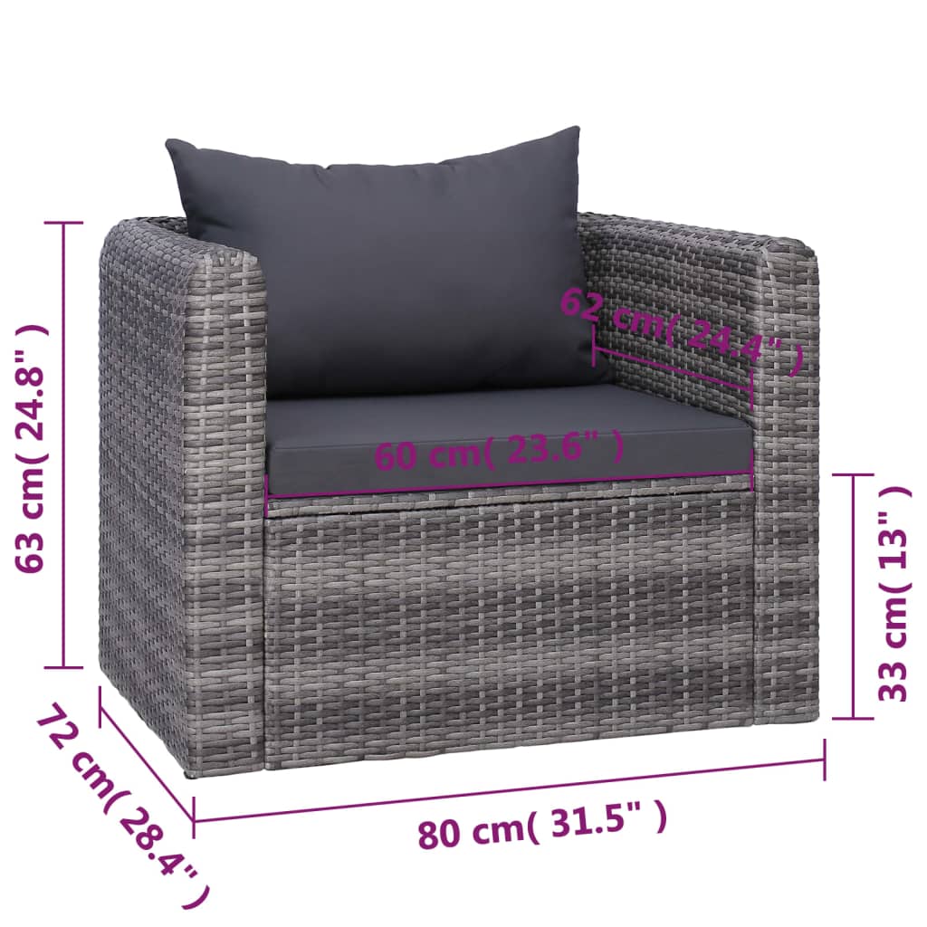 7-Delige Loungeset Met Kussens Poly Rattan Grijs 3x hoek + 2x midden + Fauteuil + Tafel