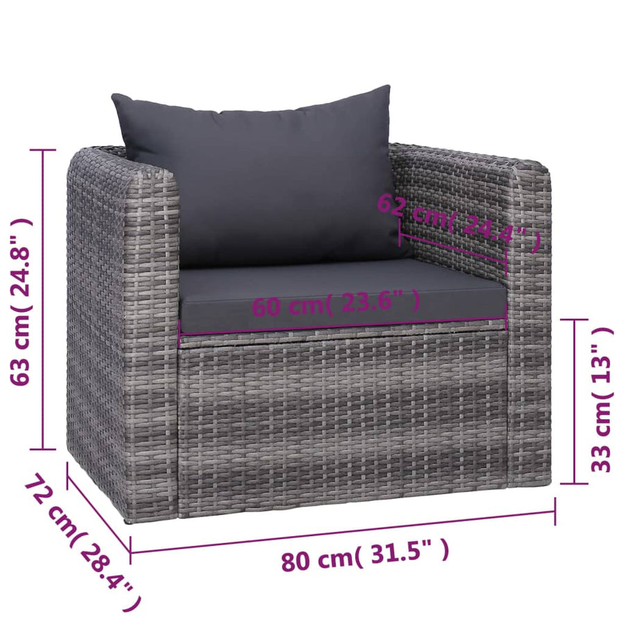 7-Delige Loungeset Met Kussens Poly Rattan Grijs 3x hoek + 2x midden + Fauteuil + Tafel