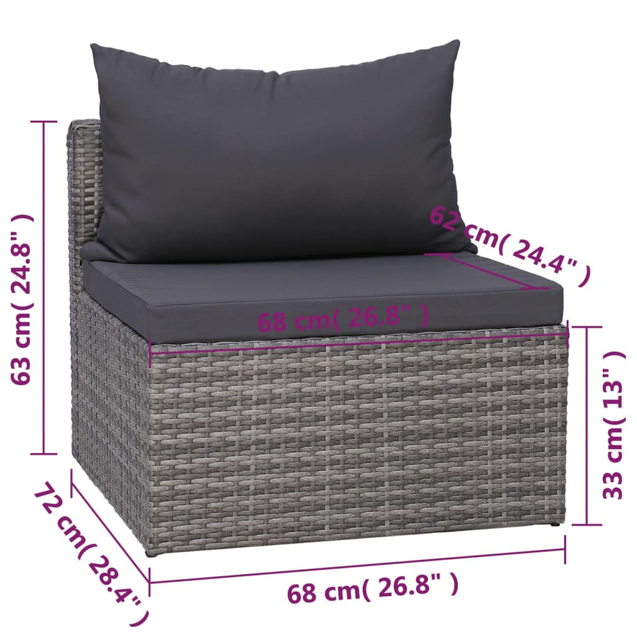 7-Delige Loungeset Met Kussens Poly Rattan Grijs 3x hoek + 2x midden + Fauteuil + Tafel