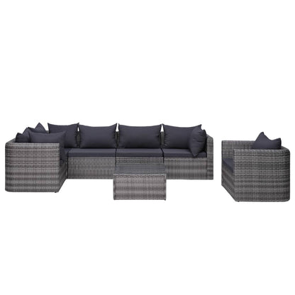 7-Delige Loungeset Met Kussens Poly Rattan Grijs 3x hoek + 2x midden + Fauteuil + Tafel