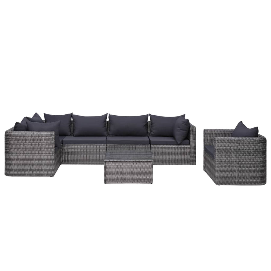 7-Delige Loungeset Met Kussens Poly Rattan Grijs 3x hoek + 2x midden + Fauteuil + Tafel