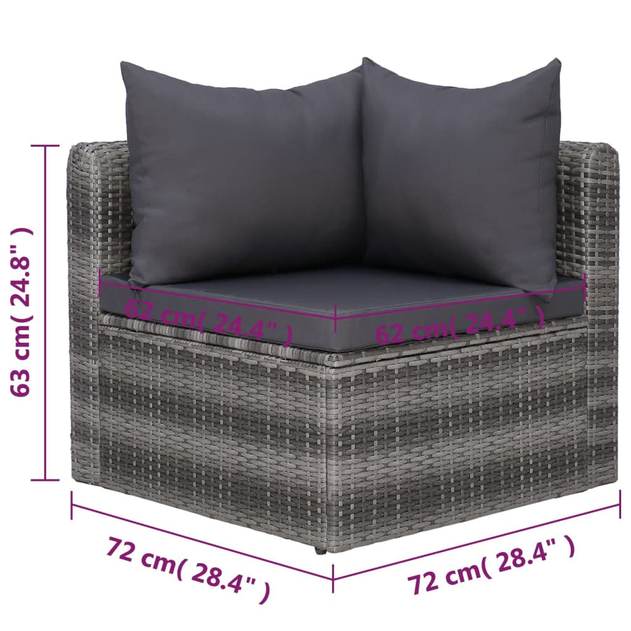 7-Delige Loungeset Met Kussens Poly Rattan Grijs 3x hoek + 2x midden + Fauteuil + Tafel