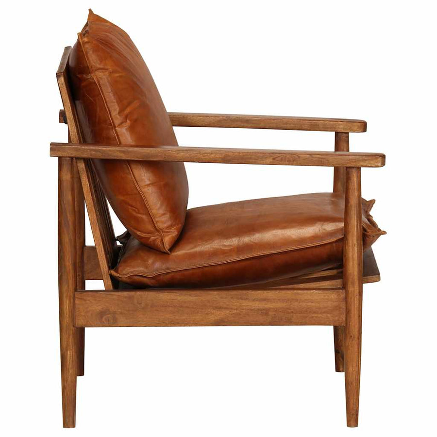 Fauteuil echt leer met acaciahout bruin
