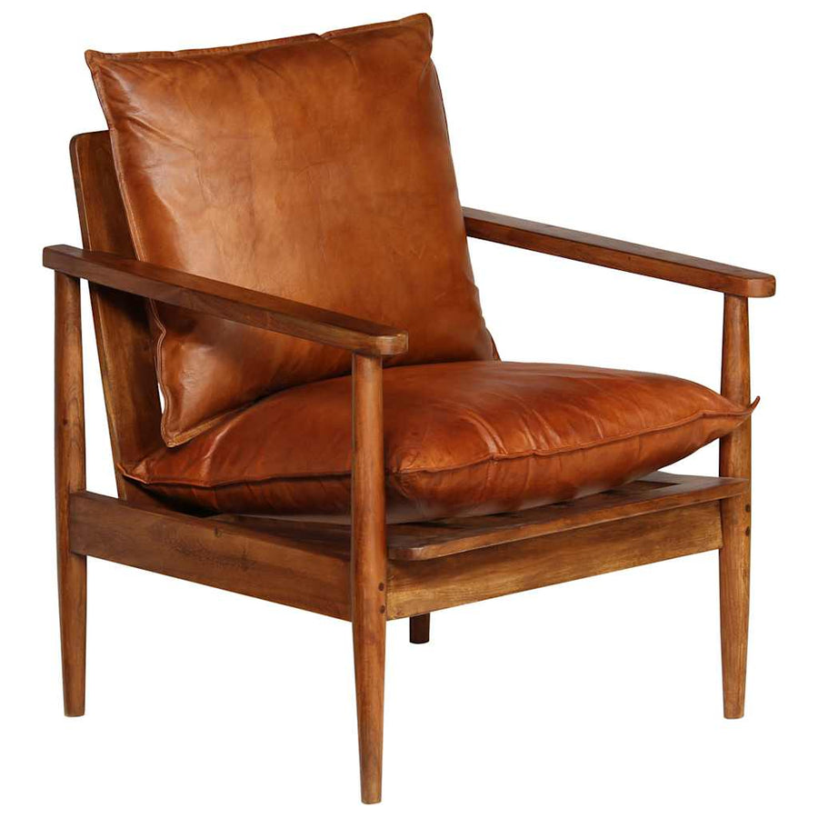 Fauteuil echt leer met acaciahout bruin